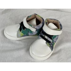 Little Penguin 6-12m Baby Shoes Leather High top, White, Blue/green Splatter EUC